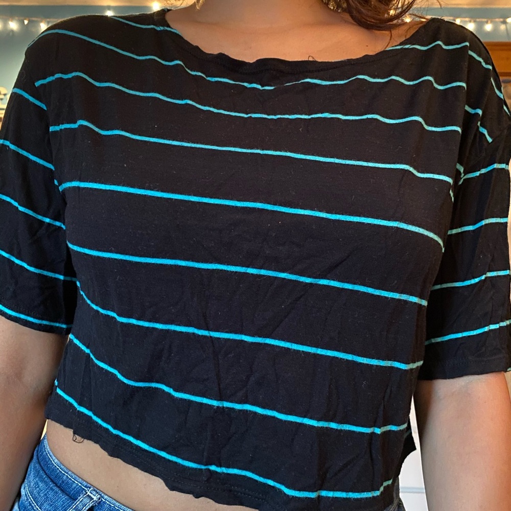 black and blue striped crop top